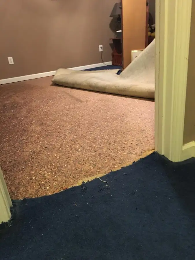 Carpet pad removal revealing water damage during Water Mitigation Services in Sylacauga